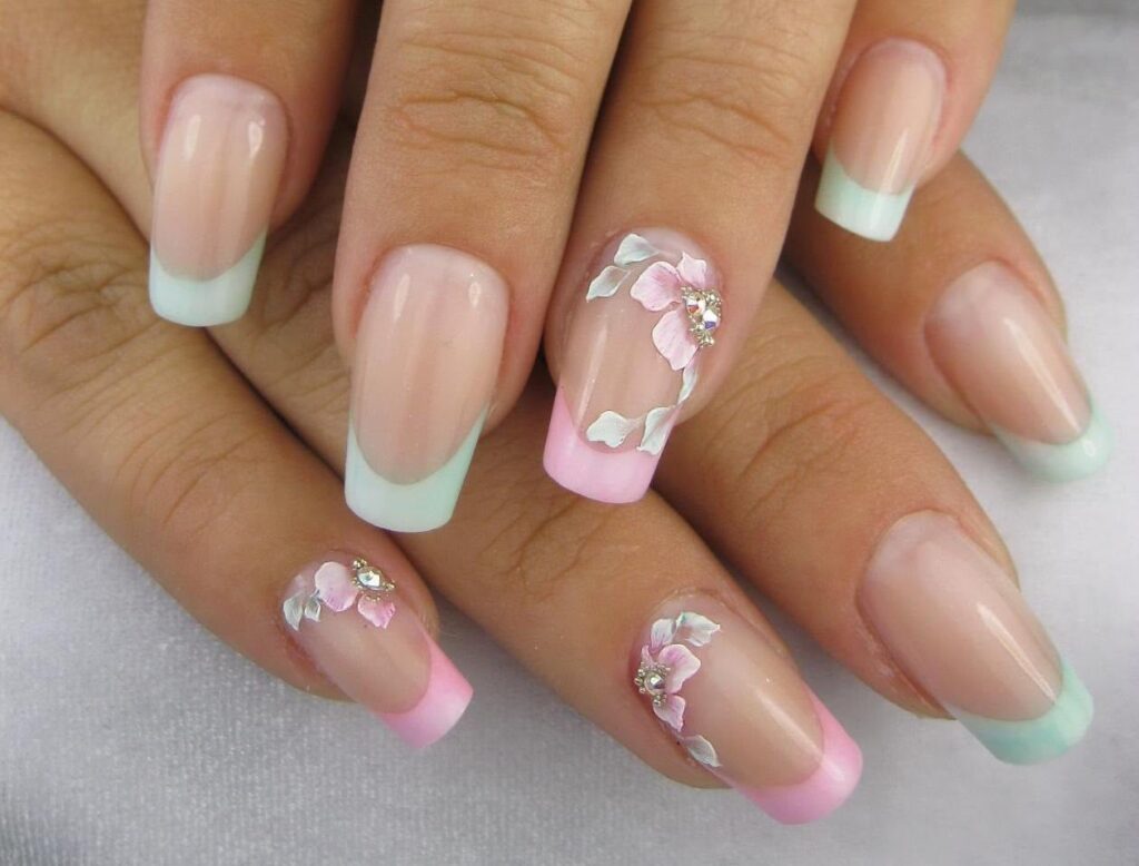 Mint & Blush Blooms French Manicure